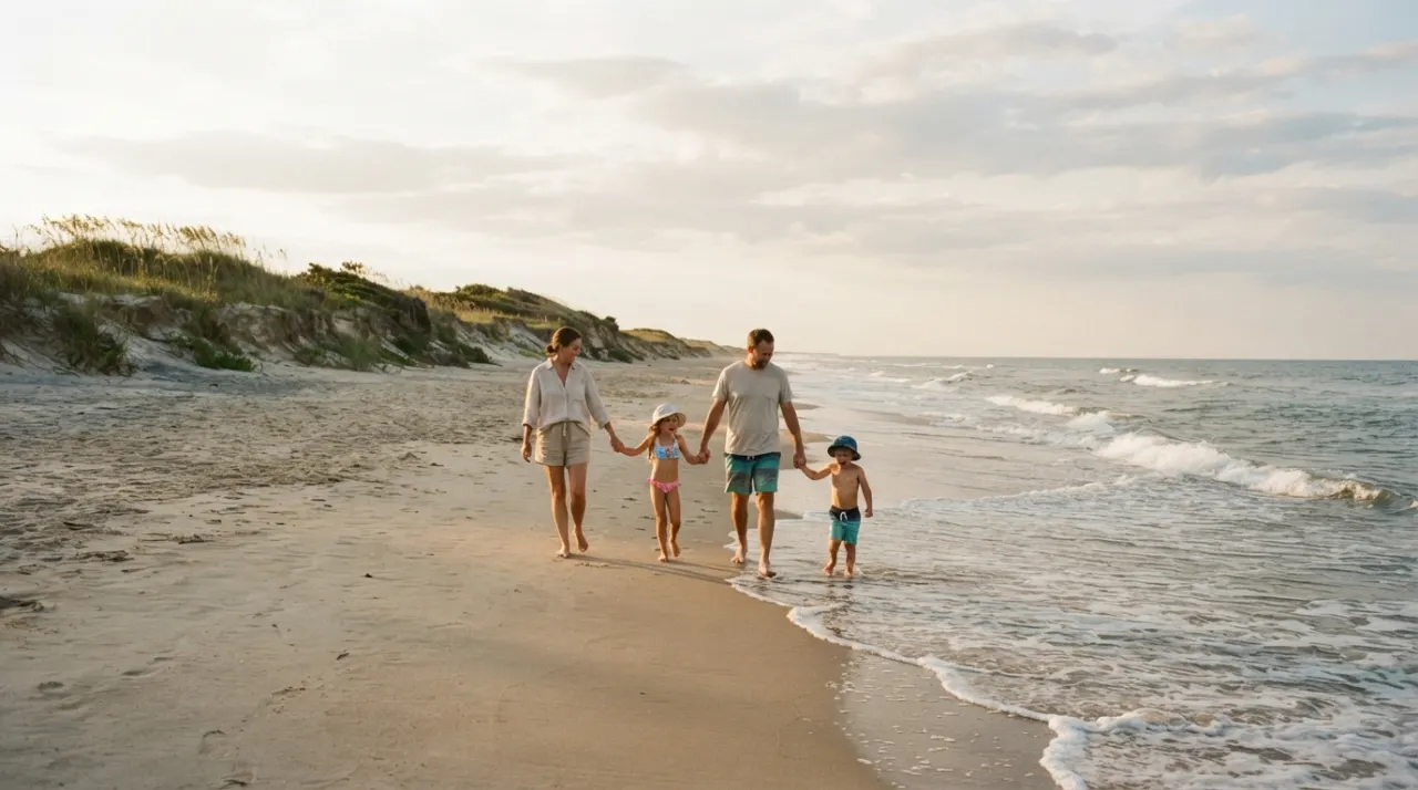 Family walking beside sea oats and dunes on a wide North Carolina beach