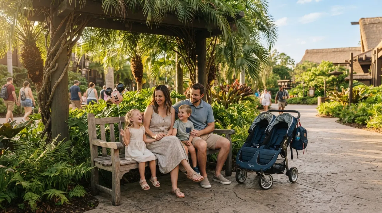 Family resting with children and a stroller on a shaded Disney resort walkway in the afternoon