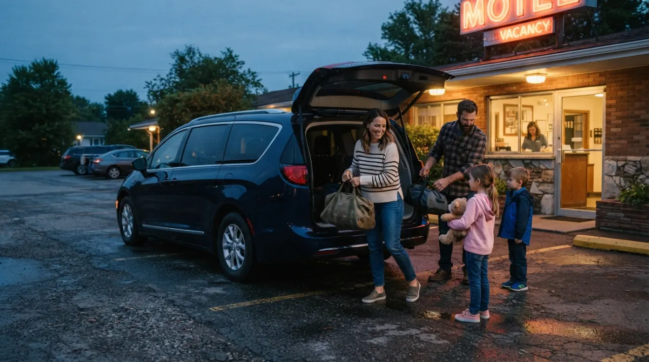 Family unloading an overnight bag from a minivan outside a roadside hotel at dusk