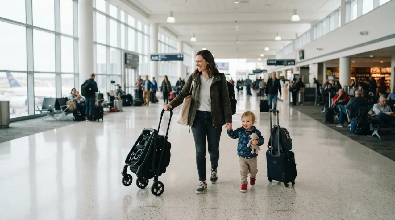 Parent and toddler moving through an airport terminal with a compact stroller and carry-on luggage