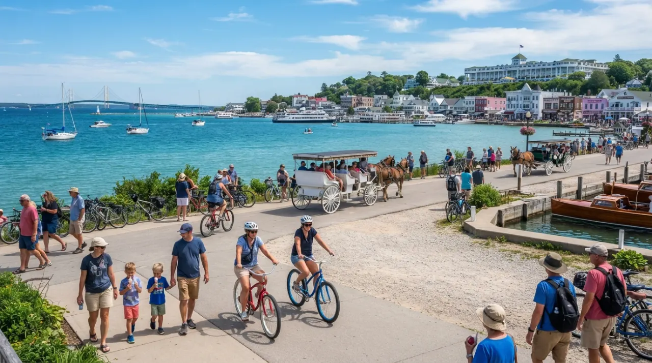 Families walking and biking near the waterfront on Mackinac Island with horse-drawn carriages nearby