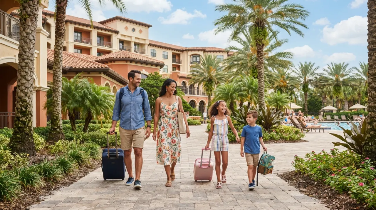 Family with children pulling luggage outside a sunny Orlando resort hotel with palm trees