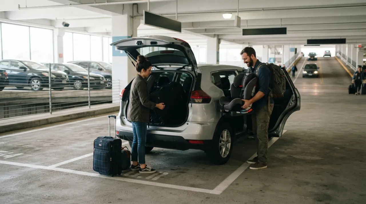 Parents loading suitcases and a child car seat into a rental car in an airport parking area