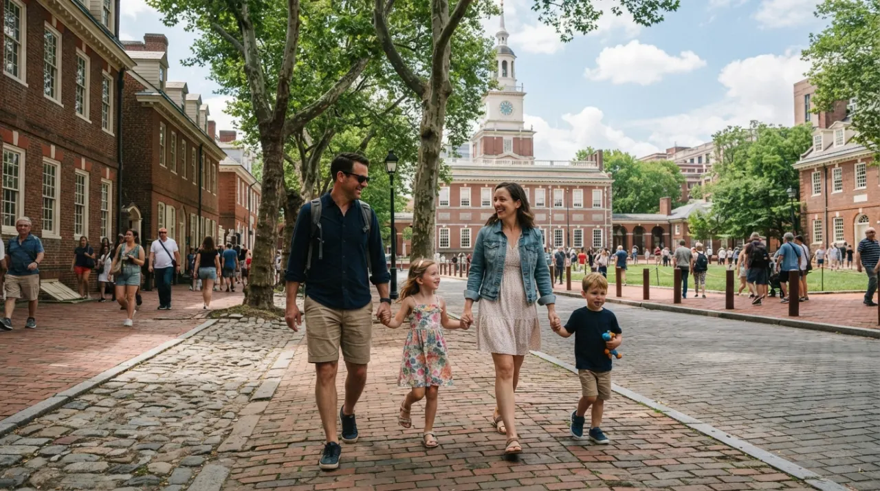Families walking along a leafy brick sidewalk in Philadelphia's historic district on a sunny day