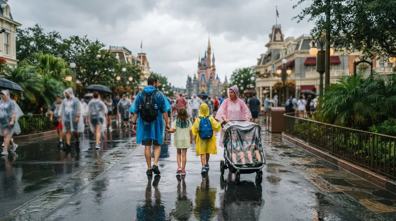 Family in rain ponchos walking through a wet theme park with a covered stroller after a Florida shower
