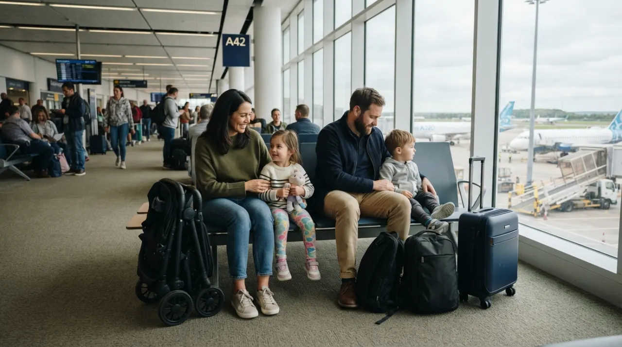 Parents and children waiting with carry-on bags near an airport gate before boarding