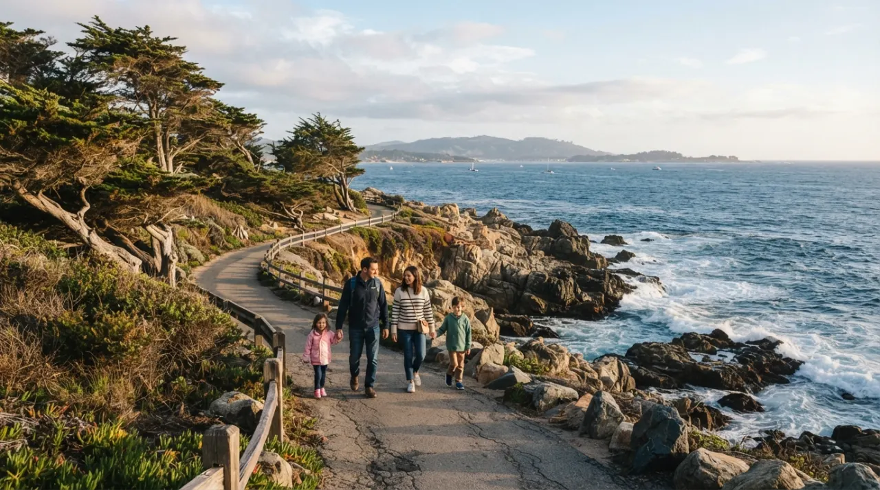 Family walking along a paved coastal path beside rocky Monterey Bay shoreline