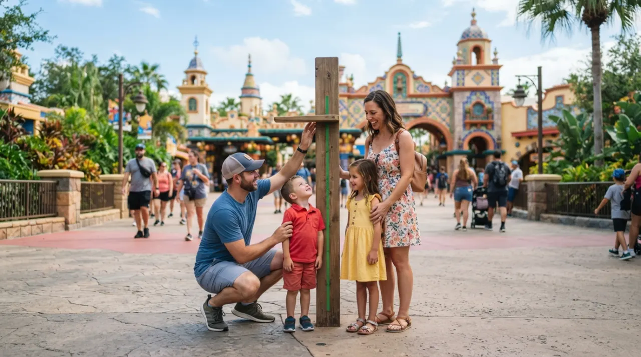 Parents help a young child stand at a ride height measuring post in a busy sunny theme park walkway.