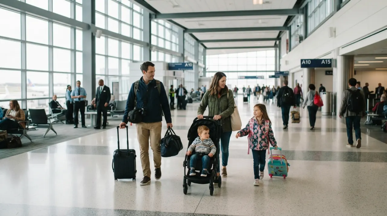 Parents and young children walking through an airport terminal with luggage and a stroller
