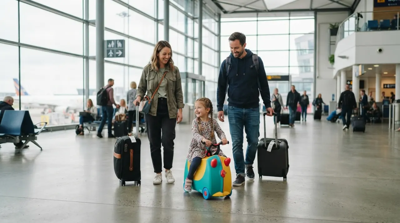 Child sitting on a ride-on suitcase while parents wait with carry-on bags in an airport terminal