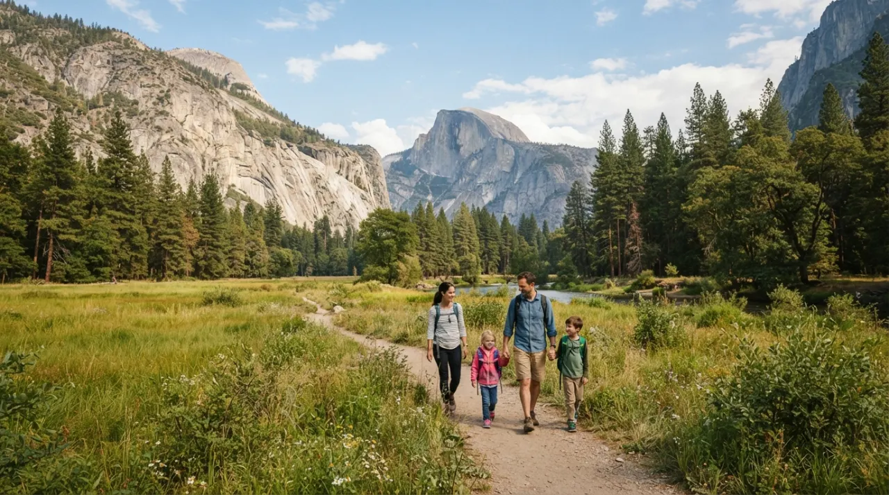 Family walking through a meadow in Yosemite Valley with granite cliffs rising behind them