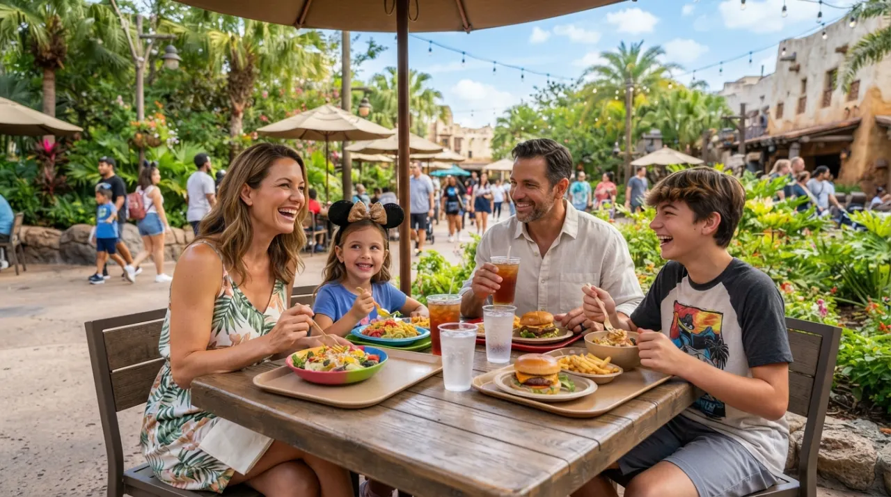 Family sharing a casual outdoor meal at a Disney theme park restaurant