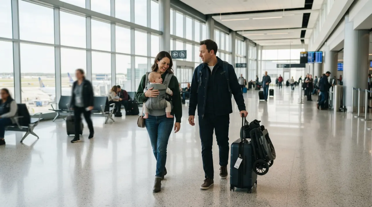 Parents moving through an airport terminal with a baby carrier, stroller, and carry-on luggage