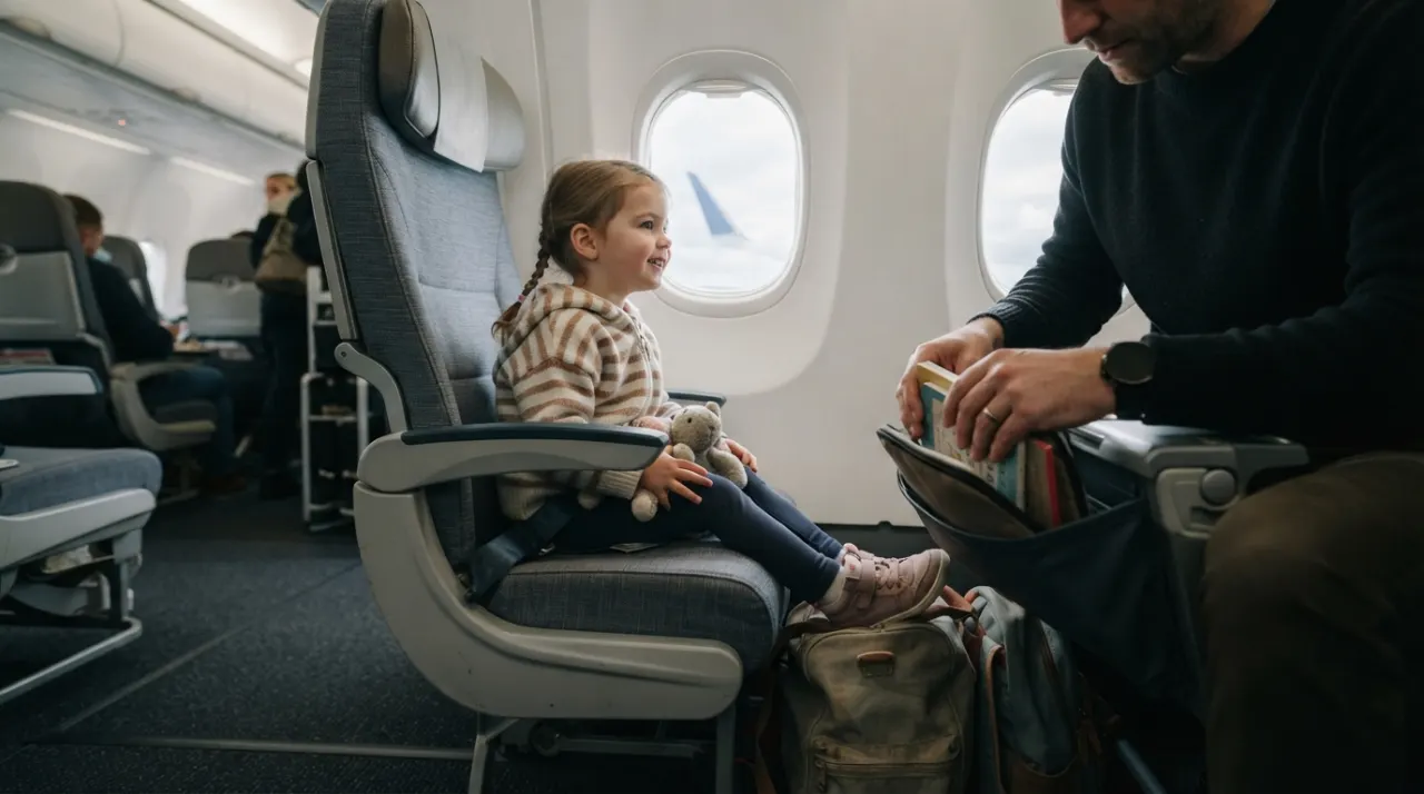 Young child seated by an airplane window with feet resting on a small carry-on bag while a parent organizes travel items