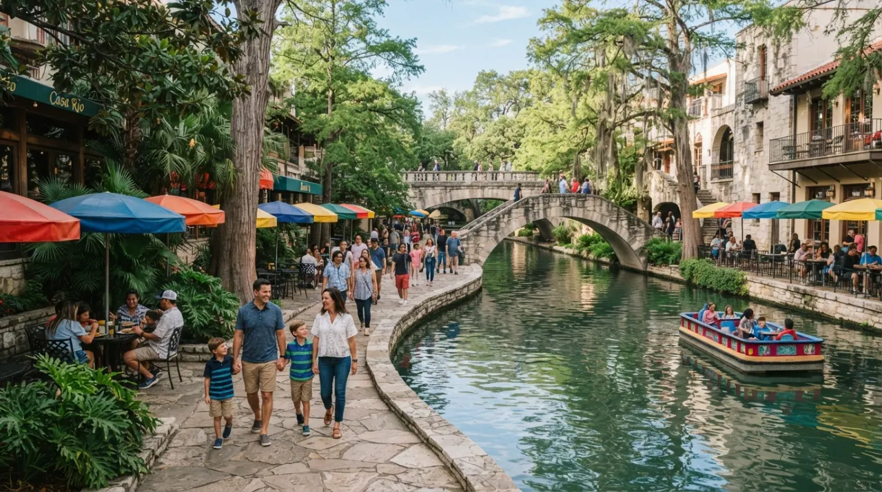 Families strolling beside the San Antonio River Walk under trees and stone bridges