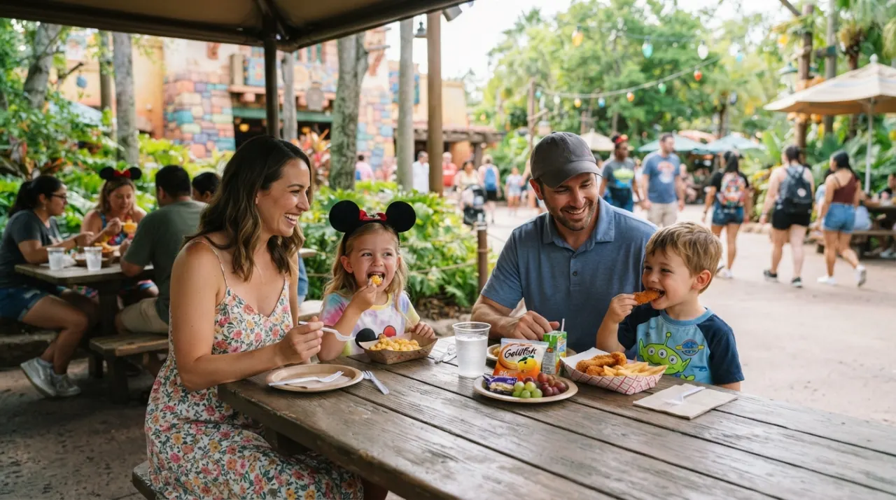 Family sharing simple kid-friendly meals at an outdoor theme park table