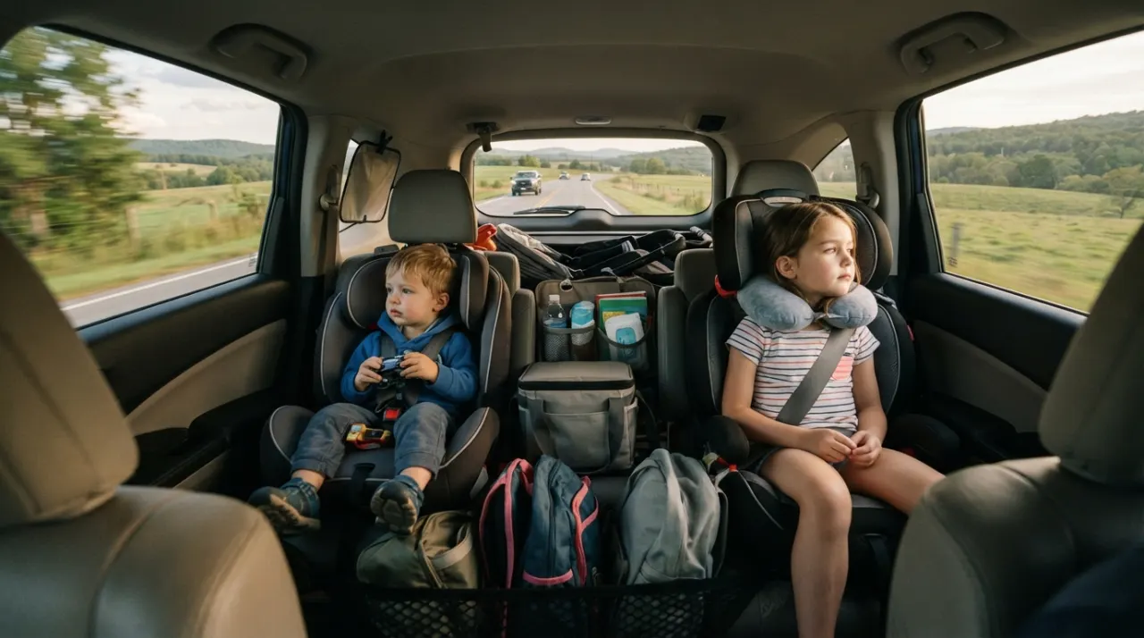 Children buckled in the back seat of a packed family car on a sunny road trip