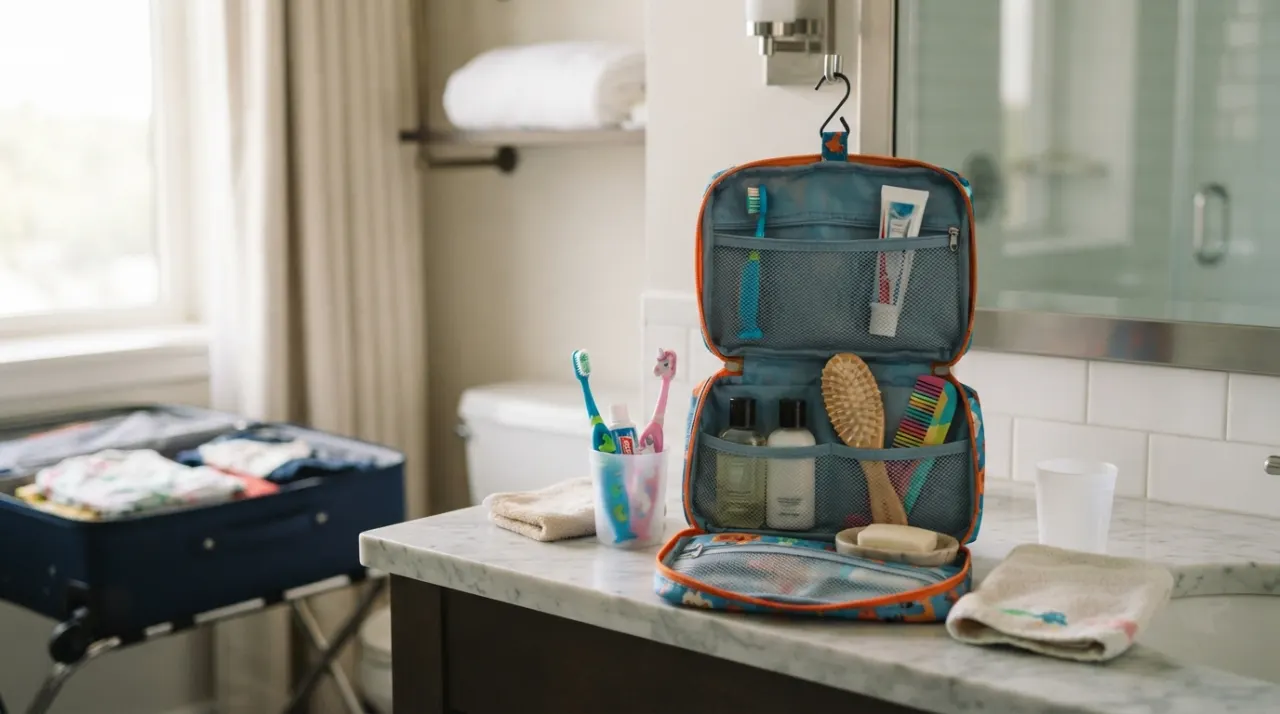 A hanging toiletry organizer with children’s toothbrushes and small bottles on a hotel bathroom counter