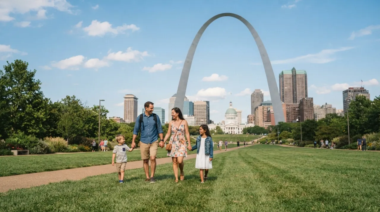 Family walking across a grassy park toward the Gateway Arch in St. Louis