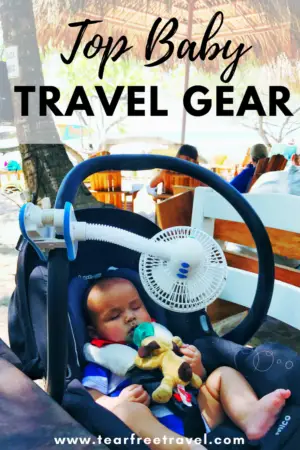 Wondering what to bring for travel with your baby? Here is my tried and true list of baby travel must-haves. The gear I have used over and over again and has kept my sanity on vacation with a baby. Click through to see what I've found!