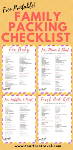 Looking for the ultimate family packing list? This packing list sample is a compilation of my list of toddler travel essentials, baby travel essentials, my travel first aid kit checklist, AND a list of packing essentials for moms and dads! #freeprintable #packinglist #familypackinglist #familypackingchecklist #travellingwithkidschecklist #toddlertravelitems #babytravelessentials #toddlertravelessentials #printabletravelpackinglist #packinglistsample #kidpackinglist #packinglistforvacation