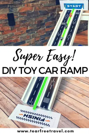 The is the easiest DIY toy car ramp ever! This homemade car ramp will keep your little ones entertained for hours! DIY hot wheels track for toy car racing! #diy #diyramp #diykids #easydiy #toycarramp #kidsracetrack #toycarracing #carrampsfortoddlers #toddlerracetrack 