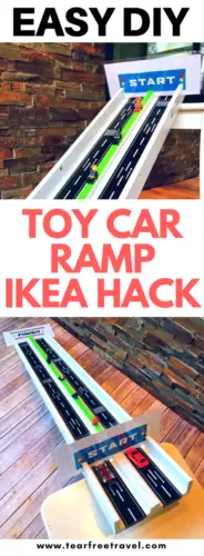 The is the easiest DIY toy car ramp ever! This homemade car ramp will keep your little ones entertained for hours! DIY hot wheels track for toy car racing! #diy #diyramp #diykids #easydiy #toycarramp #kidsracetrack #toycarracing #carrampsfortoddlers #toddlerracetrack 