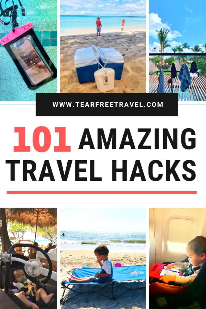 101 travel hacks! These amazing travel hacks will make your next vacation a breeze. These amazing hacks for travellers cover everything from road trip hacks, hotel room hacks, flight hacks, packing hacks and family travel hacks. These travel tips are not to be missed for your next vacation! Use these awesome travel ideas for your next family trip! #travel #traveltips #travelhacks #hacks